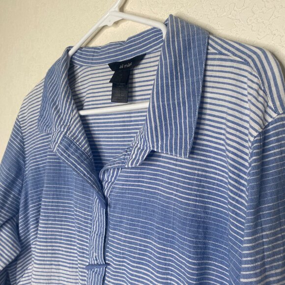 Ali Miles Tunic Top Womens 2X Blue Striped Button Front  3/4 Sleeves Lagenlook C - Picture 5 of 16